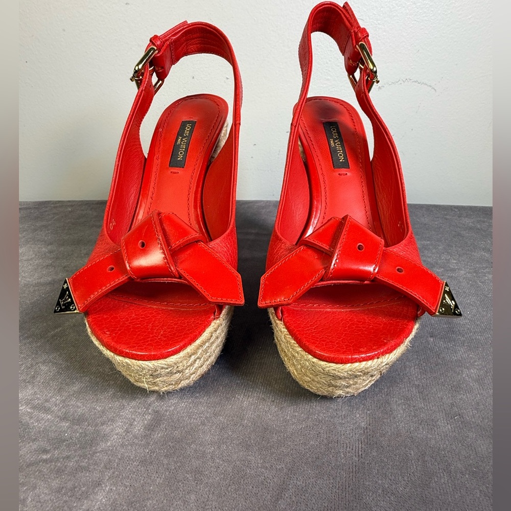 Louis Vuitton red leather wedge heel slingback espadrille sandals open-toe 35 - Picture 4 of 16
